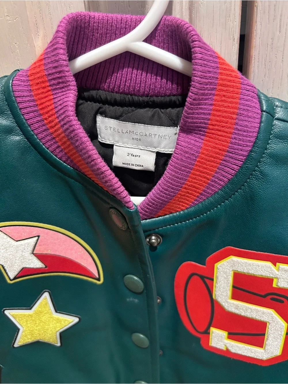 Stella McCartney Kids Teal Letterman Jacket with Colorful Patches